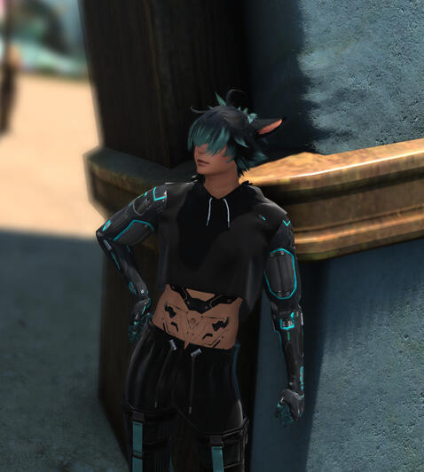 Black and teal haired cat boy with cybernetic arms. Wearing a cut off sleeveless hoodie and sweatpants.
