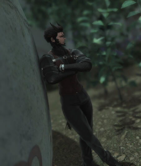 Large dragon like man with short horns and scales covering his body. Wearing a black and red suit.