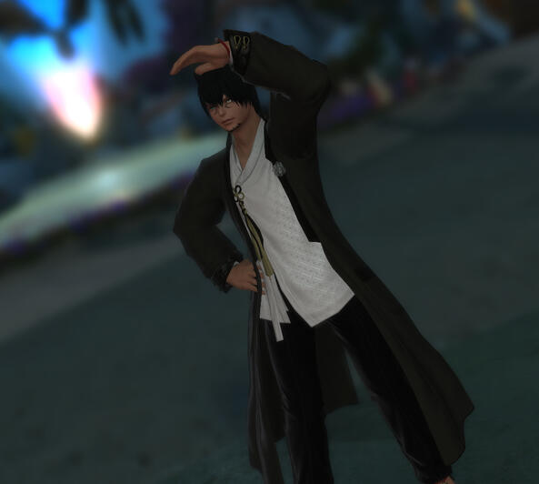 Black haired cat boy with heterochromia looking around. Wearing martial attire of black and white.