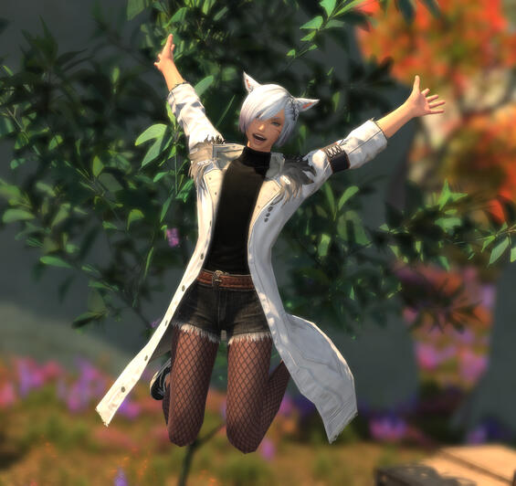 Small highly feminine cat boy jumping for joy. Wearing a long white coat with fur at the collar, a black turtleneck, torn black jean shorts, and fishnets.